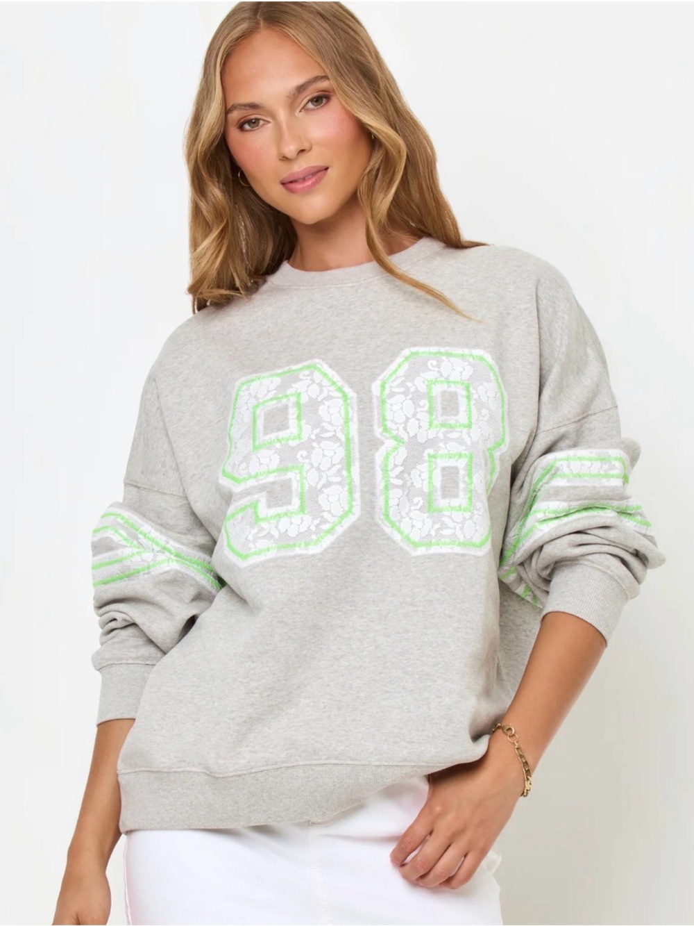 $147 NWT L*Space Anthropologie Lace 98 Graphic Legend Sweatshirt Gray Limeade L